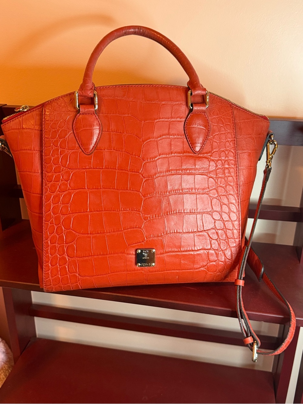 MCM Croc-Embossed Red Tote Bag - Designer Plaque